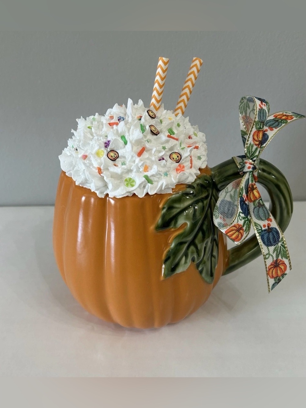 Fake Whip Cream Dessert Handmade in Ceramic Pumpkin Mug with Green Leaf Handle